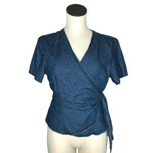Expressions Denim Jean Wrap Shirt Juniors 14 Short Sleeves Cotton Med Wash Top